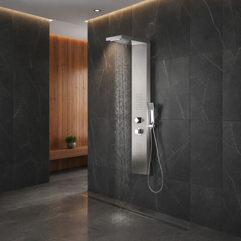 ANZZI SP-AZ041 Expanse shower panel system in brushed steel, installed room view 1
