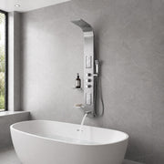ANZZI SP-AZ042 FIELD shower panel system in brushed steel, installed room view 1