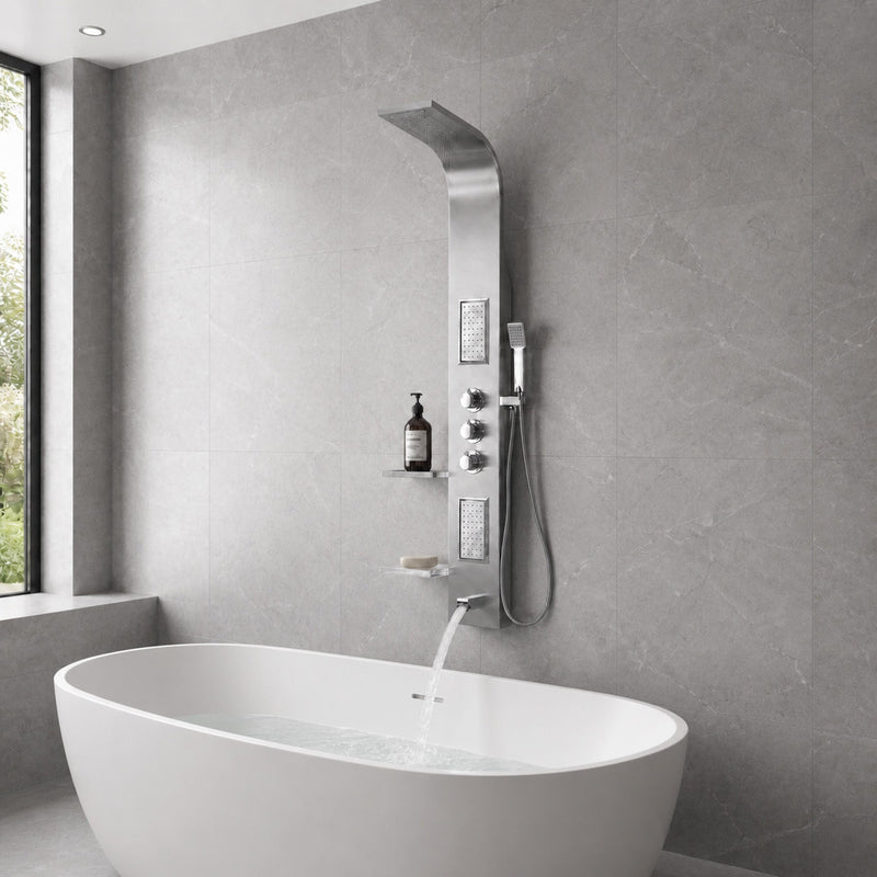 ANZZI SP-AZ042 FIELD shower panel system in brushed steel, installed room view 1