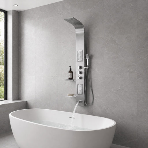 ANZZI SP-AZ042 FIELD shower panel system in brushed steel, installed room view 1