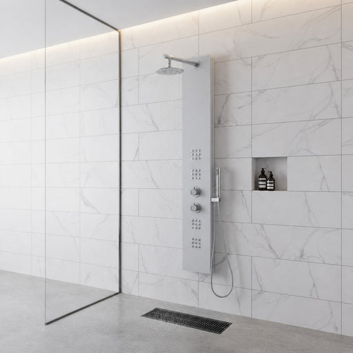 ANZZI SP-AZ048 VELD shower panel system in clear white, installed room view 1