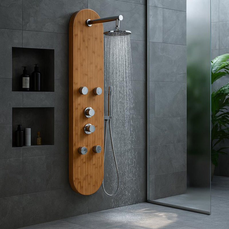 ANZZI SP-AZ061 Crane shower panel system in natural bamboo, installed room view 1