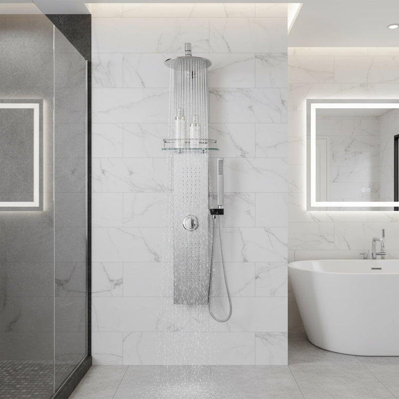 ANZZI SP-AZ075 Coastal shower panel system in brushed steel, installed room view 1