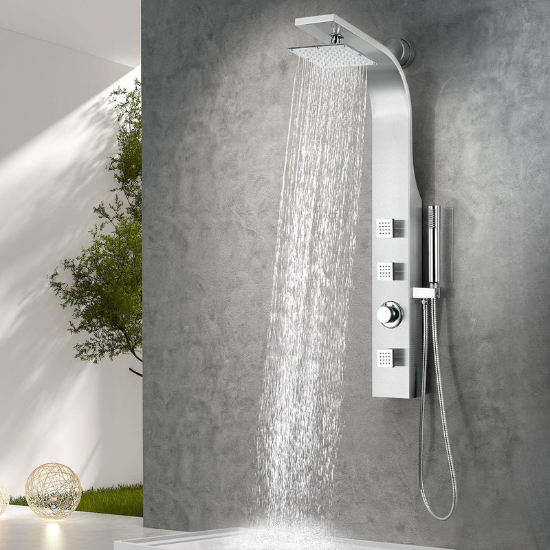 ANZZI SP-AZ077 Sans shower panel system in brushed steel, installed room view 1
