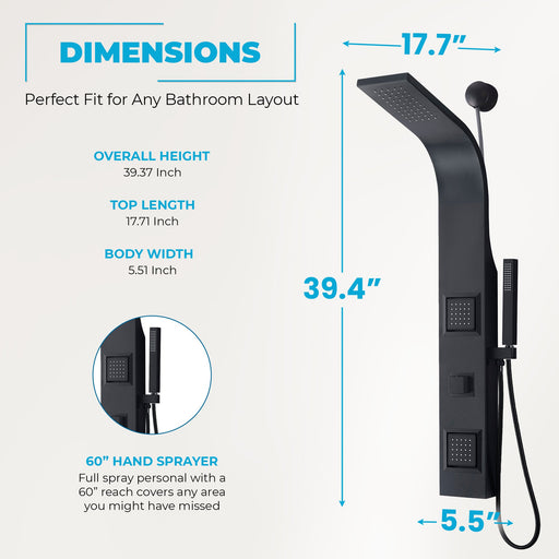ANZZI SP-AZ078GM Aura shower panel system, dimension drawing