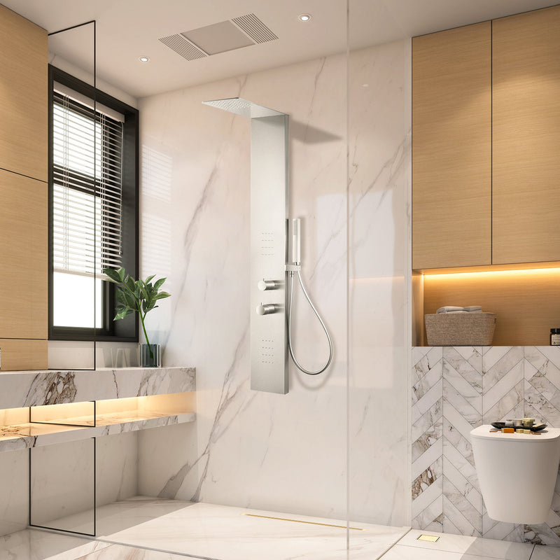 ANZZI SP-AZ079BN Collines shower panel system in brushed nickel, installed room view 1