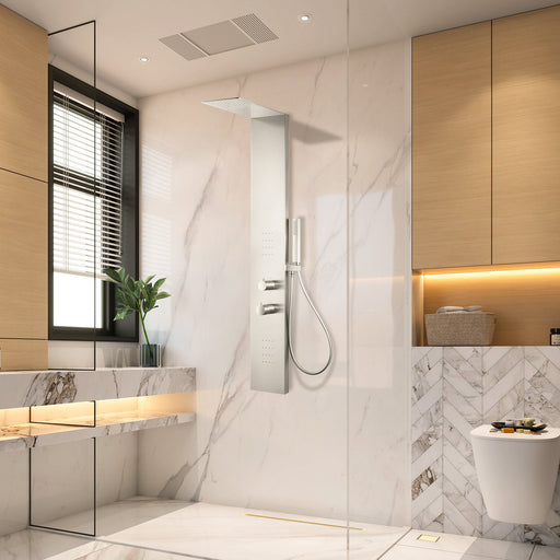 ANZZI SP-AZ079BN Collines shower panel system in brushed nickel, installed room view 1