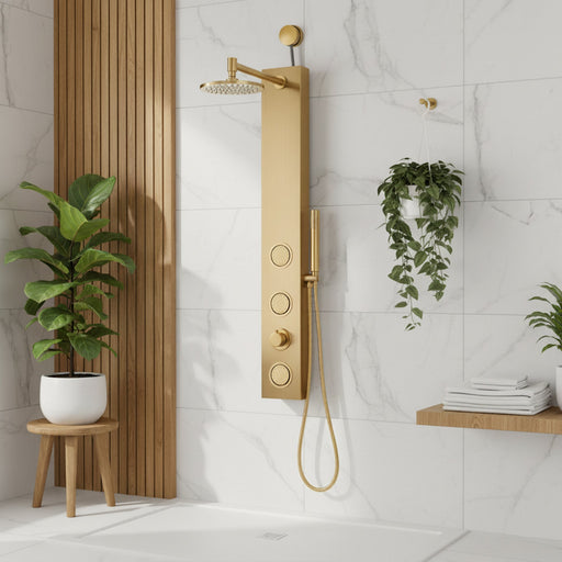 ANZZI SP-AZ080BG Beverly shower panel system in brushed gold, installed room view 1