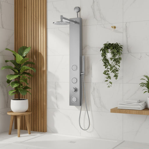 ANZZI SP-AZ080BN Beverly shower panel system in brushed nickel, installed room view 1
