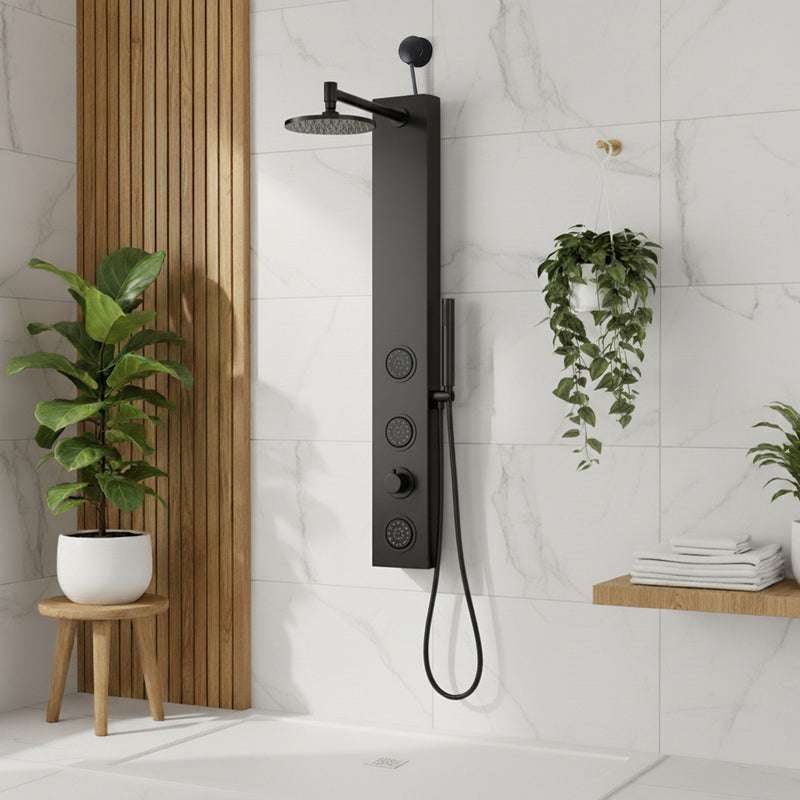 ANZZI SP-AZ080MB Beverly shower panel system in matte black, installed room view 1