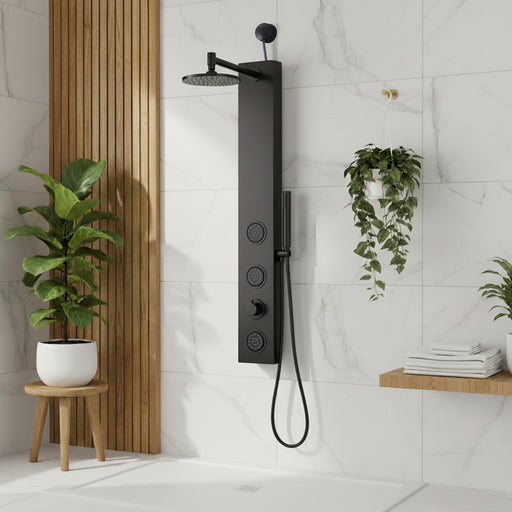 ANZZI SP-AZ080MB Beverly shower panel system in matte black, installed room view 1