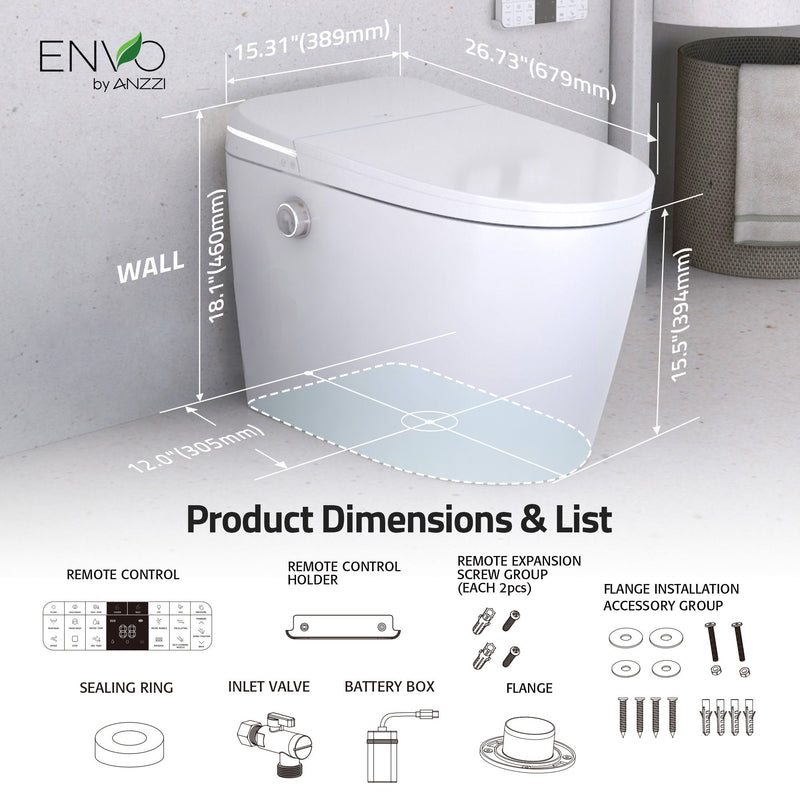 ANZZI TL-AZ19TWH Dia smart bidet toilet, dimension drawing