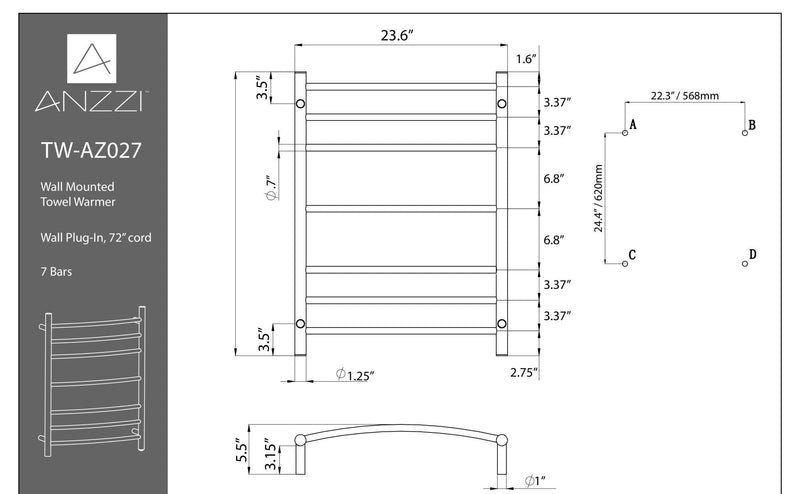 ANZZI TW-AZ027MBK Gown towel warmer, dimension drawing