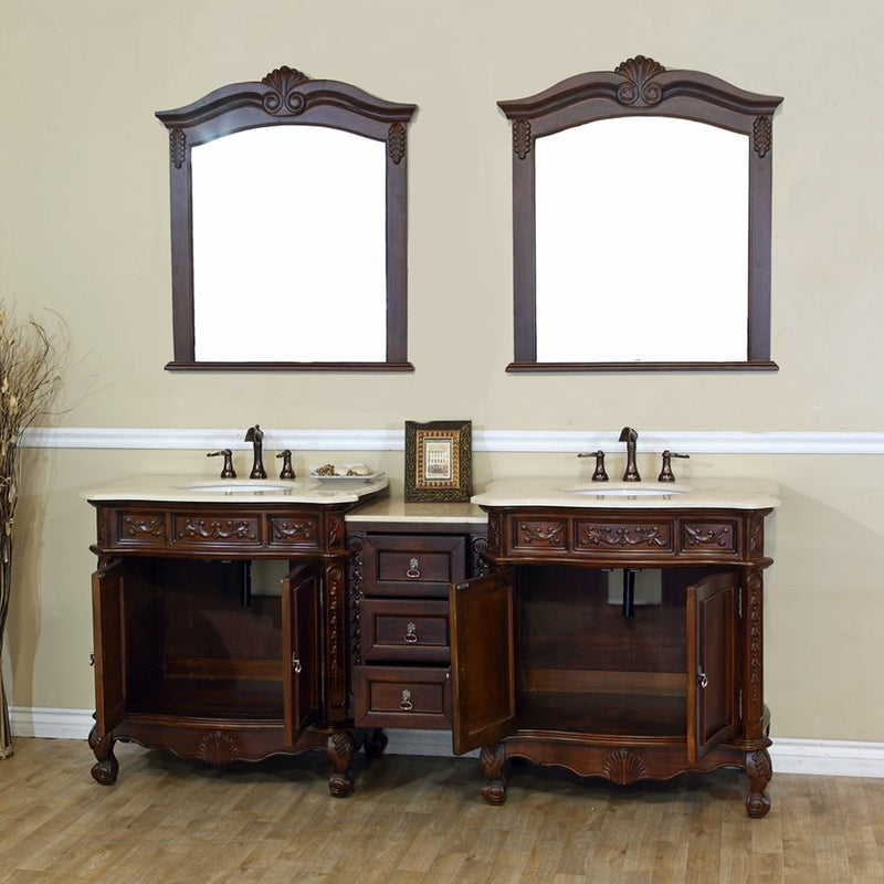 Bellaterra Home 202016A-D-CR Bridge 82.7" vanity, Walnut, cream marble top, angled view with doors open showing the shelf