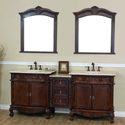 Bellaterra Home 202016A-D-CR Bridge 82.7" vanity, Walnut, cream marble top, installed in a bathroom, shot 2