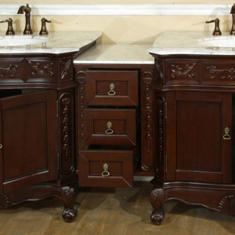 Bellaterra Home 202016A-D-WH Bridge 82.7" vanity, Walnut, Carrara white marble top, angled view with doors open showing the