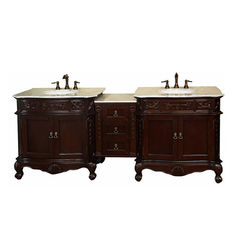 Bellaterra Home 202016A-D-WH Bridge 82.7" vanity, Walnut, Carrara white marble top, front view on a white background
