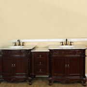 Bellaterra Home 202016A-D-WH Bridge 82.7" vanity, Walnut, Carrara white marble top, installed in a bathroom