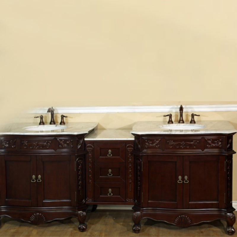 Bellaterra Home 202016A-D-WH Bridge 82.7" vanity, Walnut, Carrara white marble top, installed in a bathroom
