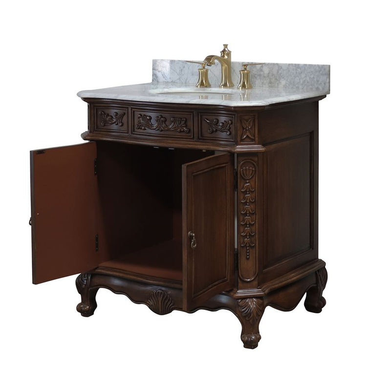 Bellaterra Home 202016A-S-WH Bridge 34.6" vanity, Walnut, Carrara white marble top, angled view with doors open showing the