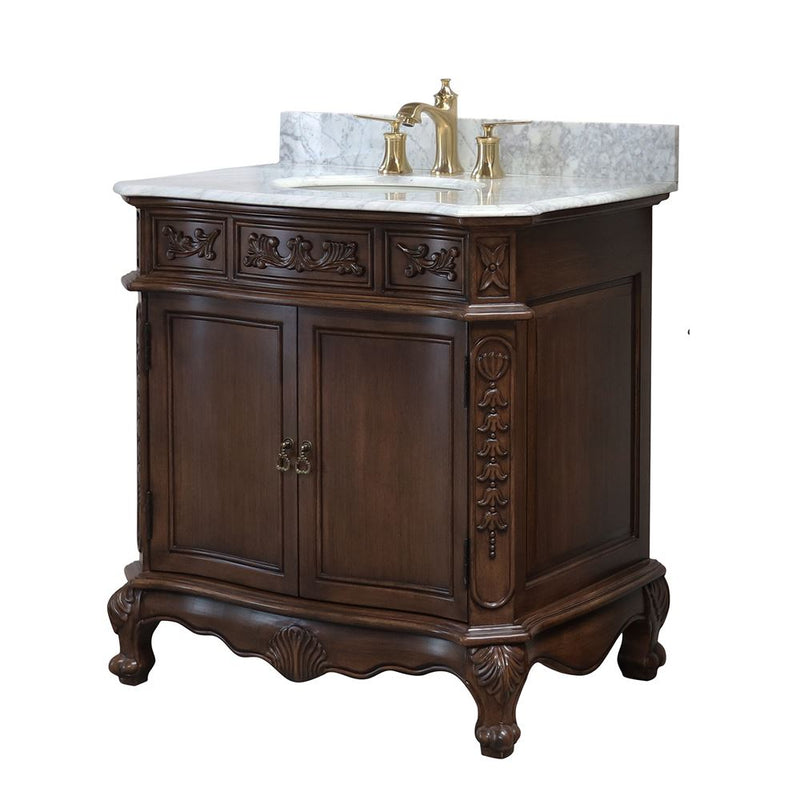 Bellaterra Home 202016A-S-WH Bridge 34.6" vanity, Walnut, Carrara white marble top, angled view on a white background