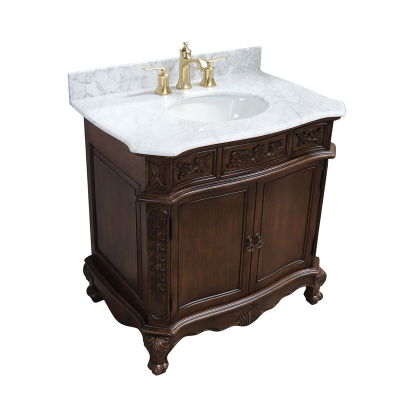 Bellaterra Home 202016A-S-WH Bridge 34.6" vanity, Walnut, Carrara white marble top, angled view on a white backgrou, shot 2