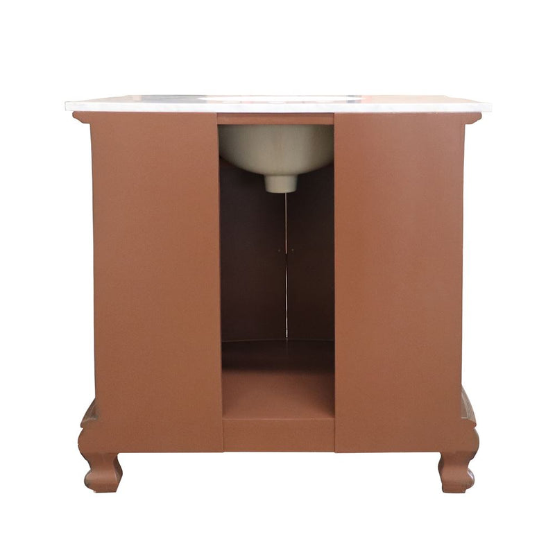 Bellaterra Home 202016A-S-WH Bridge 34.6" vanity, Walnut, Carrara white marble top, back view