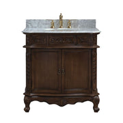 Bellaterra Home 202016A-S-WH Bridge 34.6" vanity, Walnut, Carrara white marble top, front view on a white background