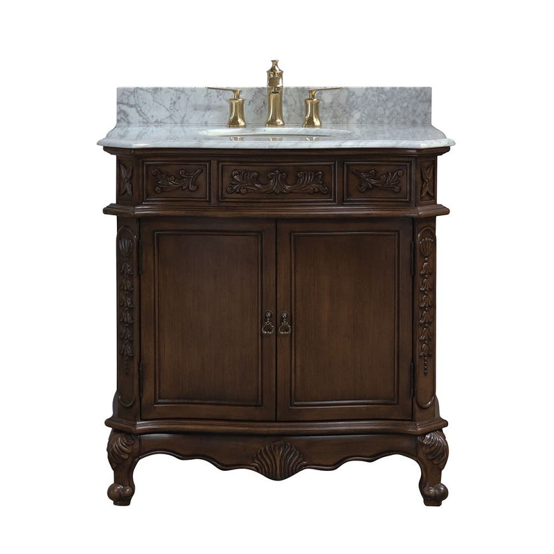 Bellaterra Home 202016A-S-WH Bridge 34.6" vanity, Walnut, Carrara white marble top, front view on a white background