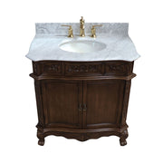 Bellaterra Home 202016A-S-WH Bridge 34.6" vanity, Walnut, Carrara white marble top, countertop and sink close-up