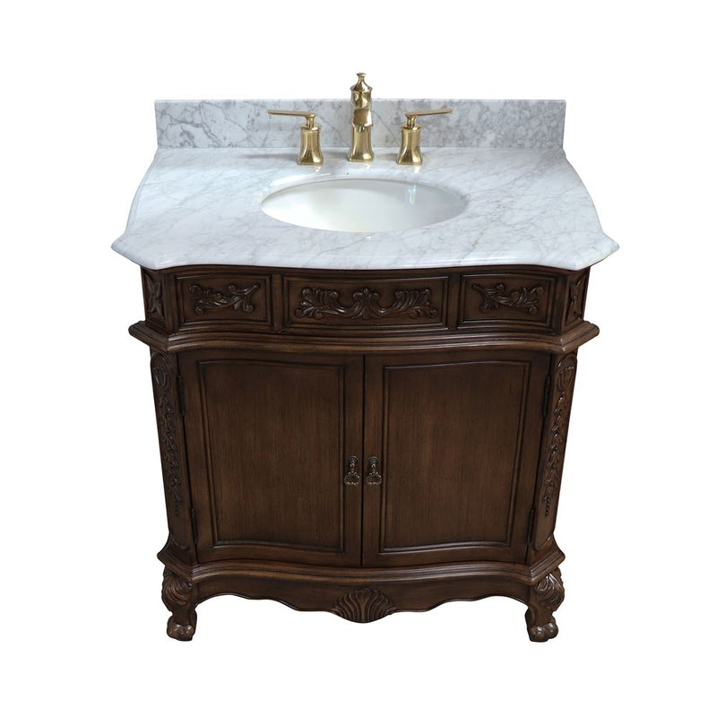 Bellaterra Home 202016A-S-WH Bridge 34.6" vanity, Walnut, Carrara white marble top, countertop and sink close-up