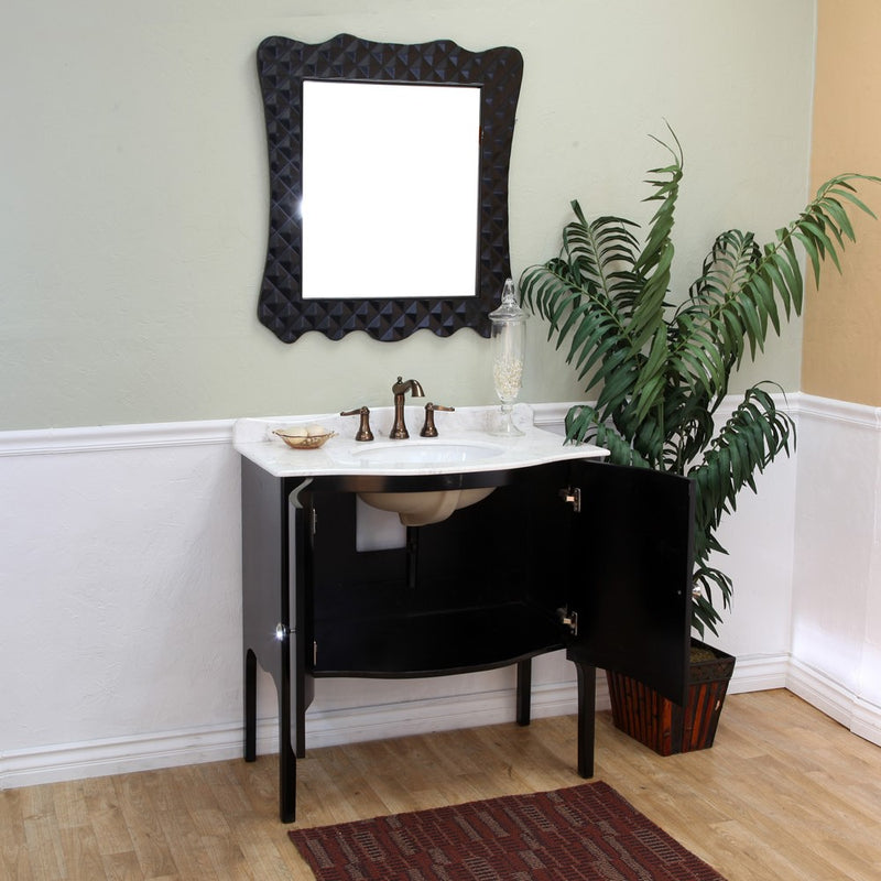 Bellaterra Home 203037-B-WH 36" vanity, Black, white marble top, installed in a bathroom