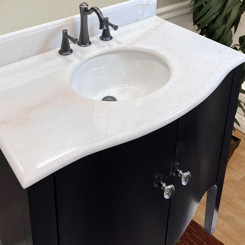 Bellaterra Home 203037-B-WH 36" vanity, Black, white marble top, countertop and sink close-up