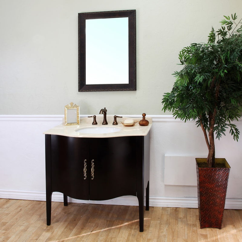 Bellaterra Home 203037-ES 36" vanity, Espresso, cream marble top, installed in a bathroom