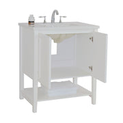 Bellaterra Home 203054A-WH 31" vanity, White, white engineered stone top, angled view with doors open showing the shelf