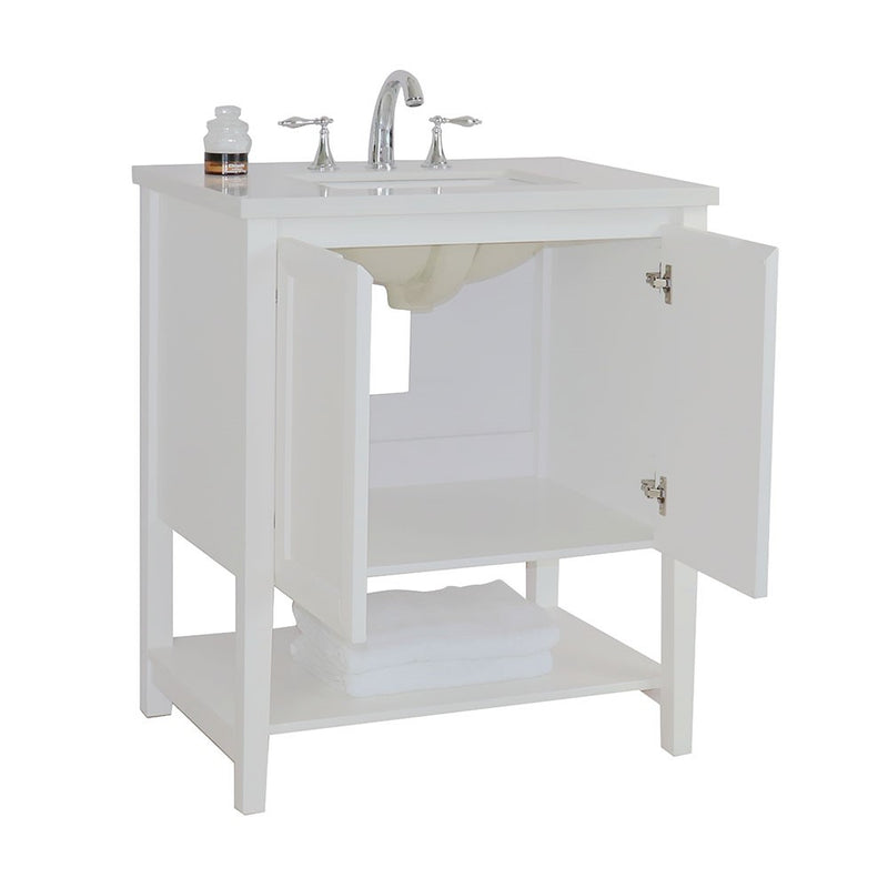 Bellaterra Home 203054A-WH 31" vanity, White, white engineered stone top, angled view with doors open showing the shelf