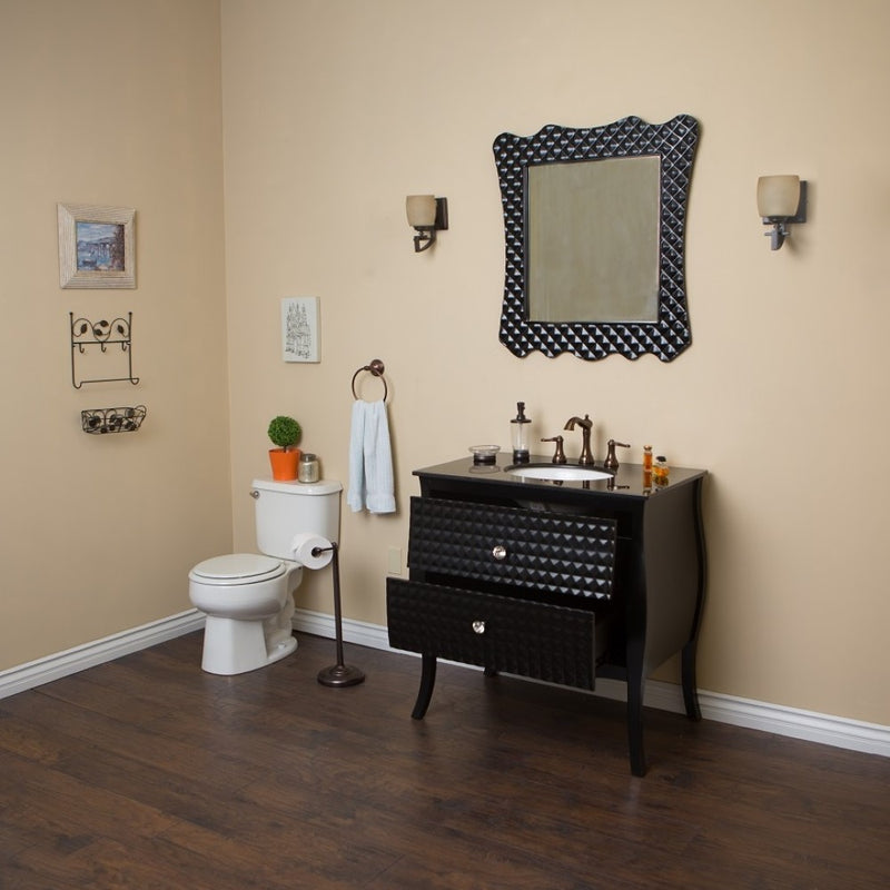 Bellaterra Home 203057B 36" vanity, Black, black granite top, installed in a bathroom