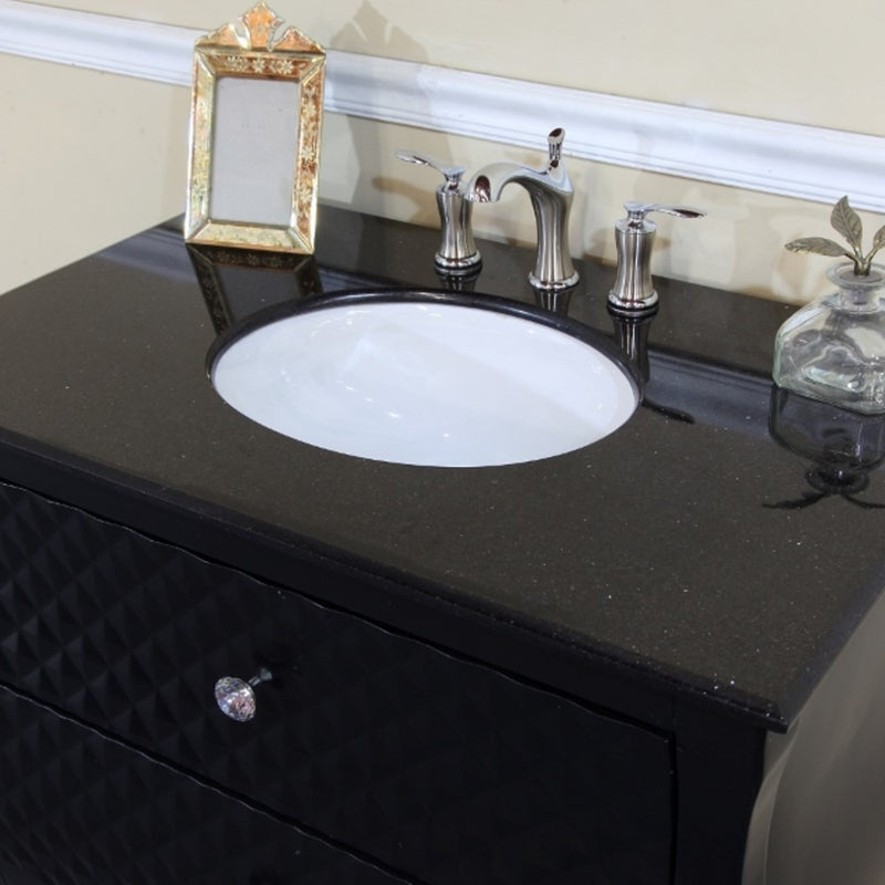Bellaterra Home 203057B 36" vanity, Black, black granite top, countertop and sink close-up