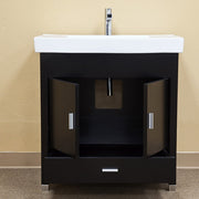 Bellaterra Home 203107-S Chest 31.5" vanity, Black, white ceramic top, angled view with doors open showing the shelf