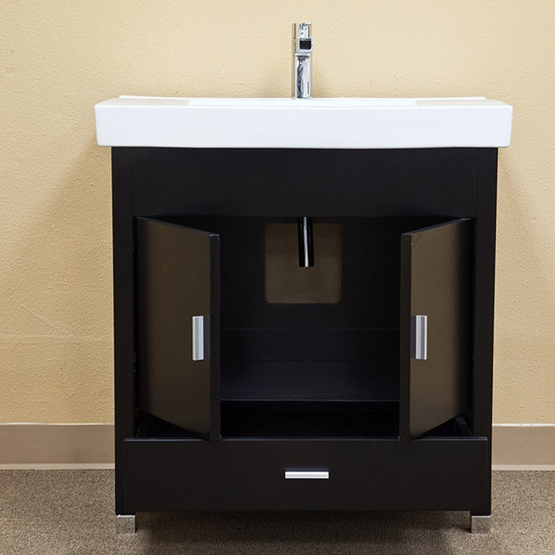 Bellaterra Home 203107-S Chest 31.5" vanity, Black, white ceramic top, angled view with doors open showing the shelf