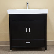 Bellaterra Home 203107-S Chest 31.5" vanity, Black, white ceramic top, installed in a bathroom