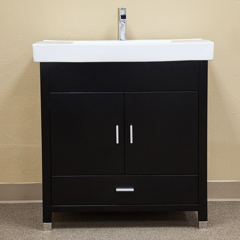 Bellaterra Home 203107-S Chest 31.5" vanity, Black, white ceramic top, installed in a bathroom