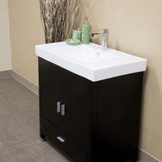 Bellaterra Home 203107-S Chest 31.5" vanity, Black, white ceramic top, installed in a bathroom, shot 2