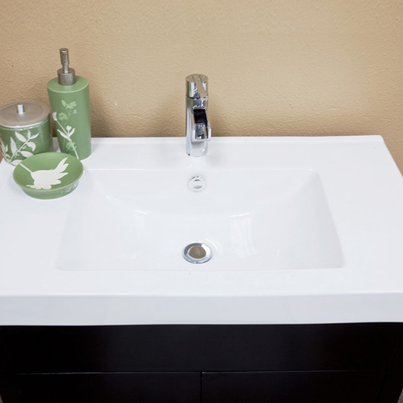 Bellaterra Home 203107-S Chest 31.5" vanity, Black, white ceramic top, countertop and sink close-up
