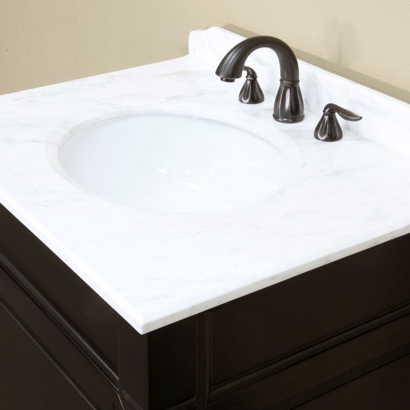 Bellaterra Home 205030-ES 30" vanity, Espresso, white marble top, countertop and sink close-up