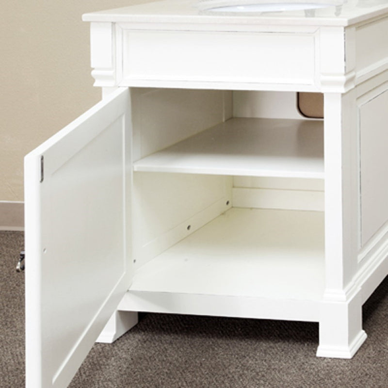 Bellaterra Home 205030-WH 30" vanity, White with rubbed edges, white marble top, angled view with doors open showing the