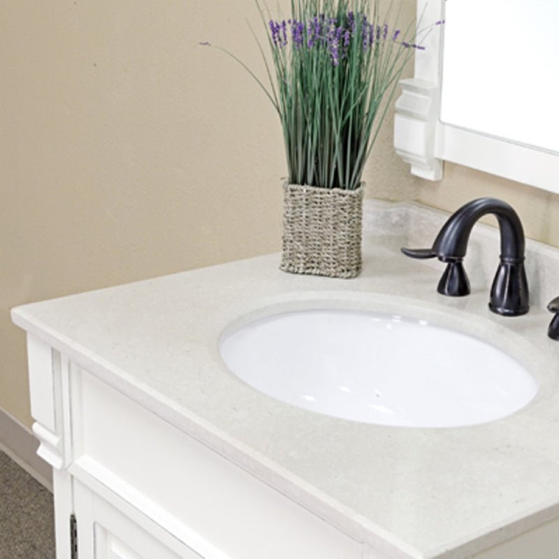 Bellaterra Home 205030-WH 30" vanity, White with rubbed edges, white marble top, countertop and sink close-up