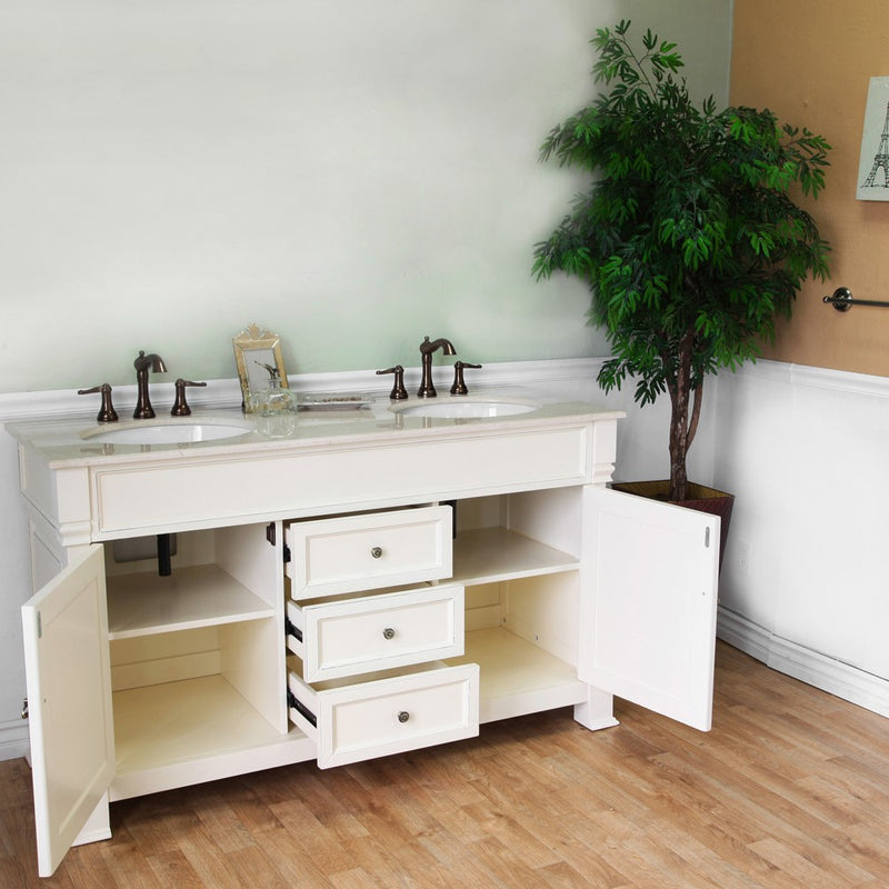 Bellaterra Home 205060-D-CR 60" vanity, Cream White with rubbed edges, cream marble top, angled view with doors open showing
