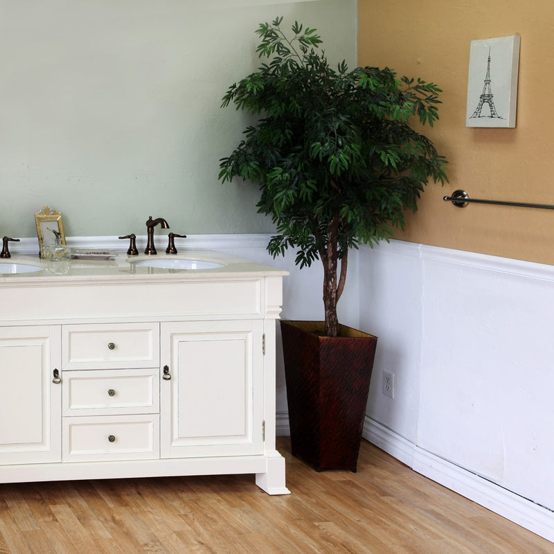 Bellaterra Home 205060-D-CR 60" vanity, Cream White with rubbed edges, cream marble top, installed in a bathroom