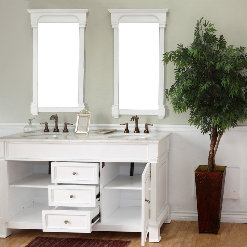 Bellaterra Home 205060-D-WH 60" vanity, White with rubbed edges, white marble top, angled view with doors open showing the